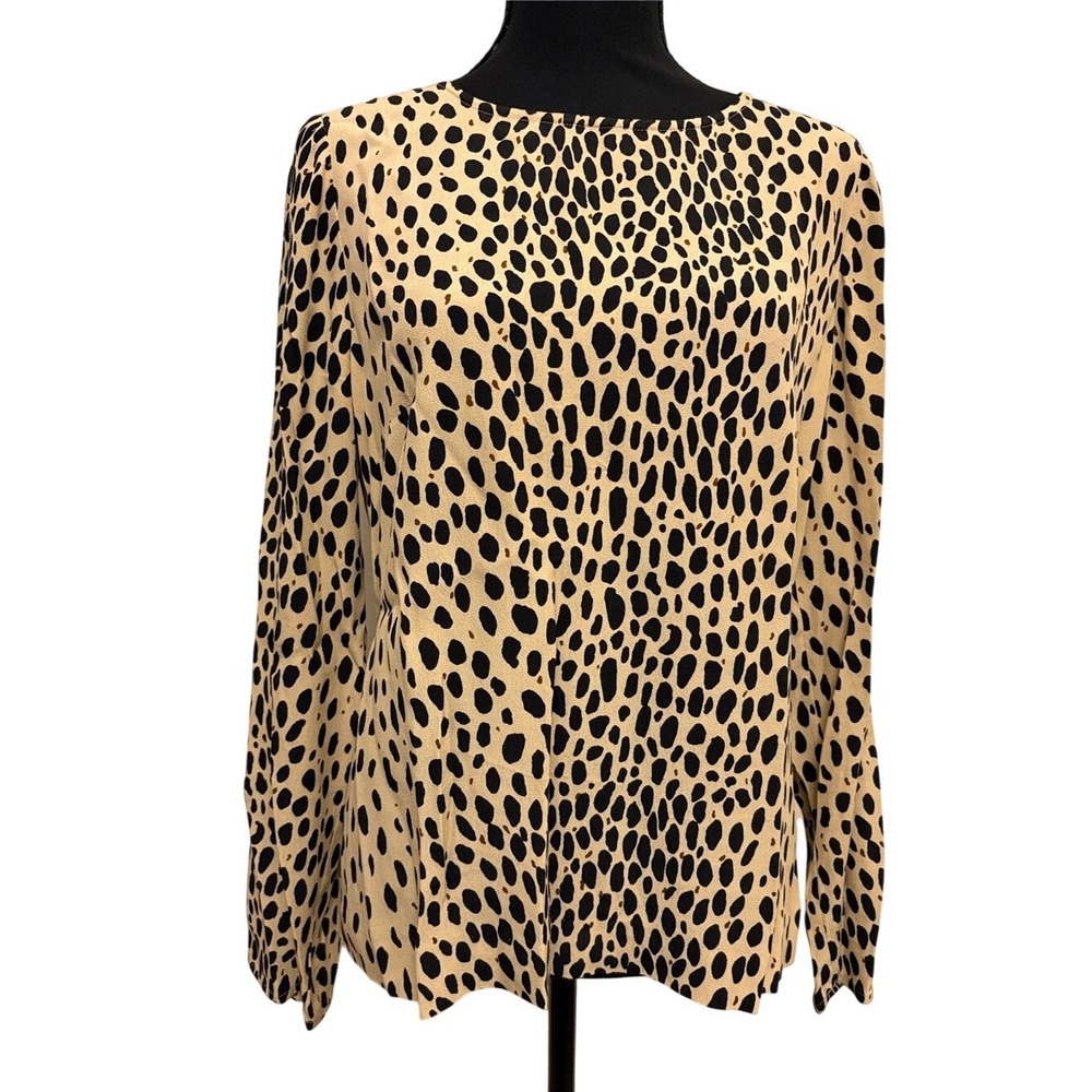 J. Crew Women's Black and Cream Animal Print Long Sleeve Top Size 6